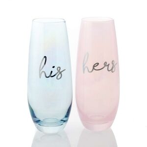 NEW- Set of 2 Flute Glasses by Slant, His & Hers, 10 oz